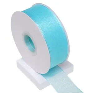 Light Blue high Quality crypto pearl organza chiffon with 4cm*50 yards a roll of flower packaging ribbon bow dress decoration