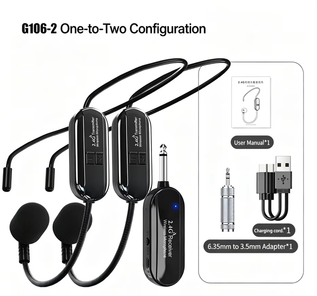 2.4G Wireless Headset Microphone Teacher Tour Guide One-to-Two Head-Mounted Earphone Amplifier 50m Transmission Noise Reduction