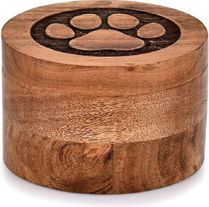 Kotak Kenangan Hewan Peliharaan, Wadah Kremasi, Tempat Penyimpanan Rambut Anjing & Abu, Kayu Solid Bulat Ukiran Vintage Mewah - Product Image 2