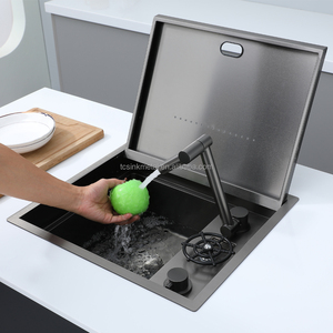 Fregadero de Barra Oculto Bajo Encimera de Acero Inoxidable SUS304 Nano Negro de 520x420 mm, Hecho a Mano, con <span class=keywords><strong>Enjuagador</strong></span> de Vasos y Grifo Elevador - Product Image 3