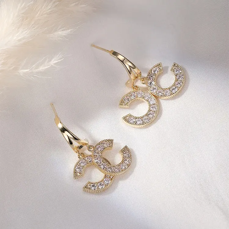 Fashion Customized Luxury Jewelry Famous Designer Earrings Brand Jewelry Inspired Crystal Stud Earring Double C Earrings Women