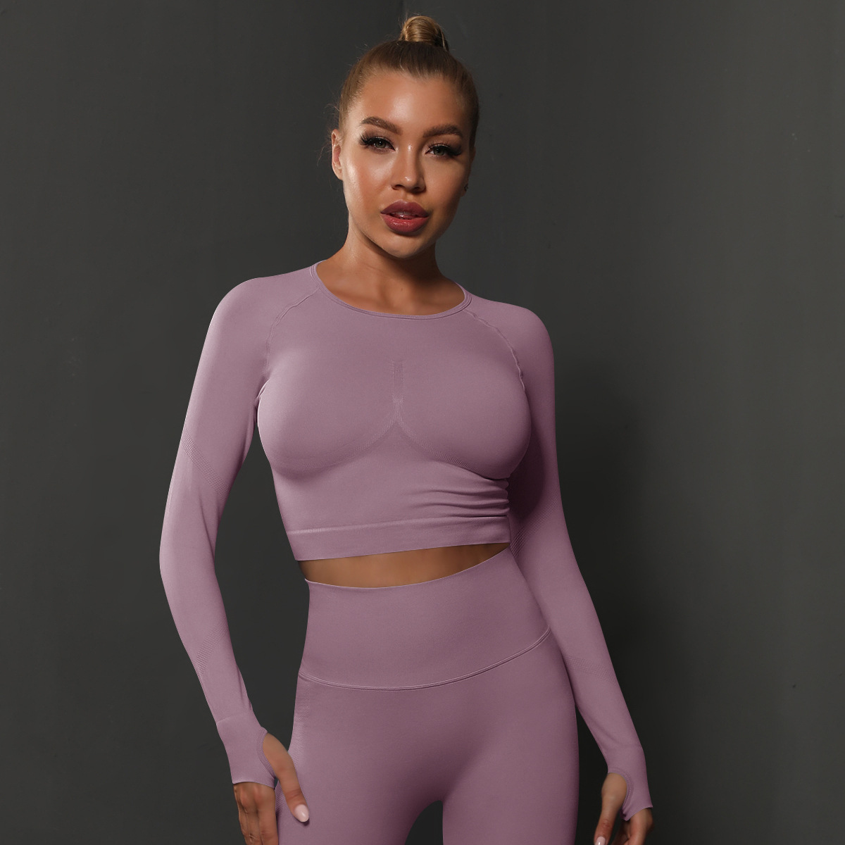 2025 Seamless Tight Solid Color Pleated Eco-Friendly Reversible Sports Long-Sleeved Tops High Elastic Breathable Front Simple
