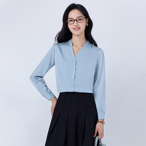 Women's Blue Long Sleeve Shirt Solid Color Polyester Workwear Formal Uniform - Product Image 4