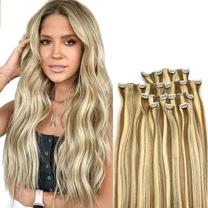 Hair Extensions Clip In Human Hair Thick Straight Blonde Highlights Platinum Color Clip On Real Hair Extensions 10-26inch