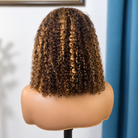 Perruque Bob Courte Bouclée P4/27 Brun Blond Miel avec Mèches, Cheveux Humains, Lace Frontale, Couleur Piano, Ondulée, Vente en Gros pour Femmes