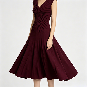 <span class=keywords><strong>Abito</strong></span> Midi da Donna <span class=keywords><strong>Bordeaux</strong></span> con Scollo a V e Maniche a Cappuccio, Gonna Svasata a Pieghe Radiali con Vita Aderente, Elegante <span class=keywords><strong>Abito</strong></span> <span class=keywords><strong>in</strong></span> <span class=keywords><strong>Maglia</strong></span> per Cocktail e Matrimoni - Product Image 2
