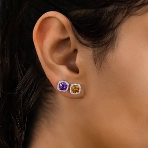 Elvora Gems Women's 14k Gold Halo <b>Stud</b> <b>Earrings</b> 3-Prong Setting Natural Citrine Garnet Aquamarine <b>Blue</b> Topaz-Everyday Wear - Product Image 3