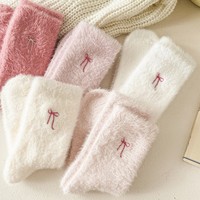 Chaussettes longues écologiques pour femmes, mignonnes, en polaire Waterflea, décoration d'intérieur, laine douce, standard, nœud brodé, usage quotidien, sommeil doux