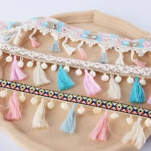 Width 6-9 CM Cotton sequins ethnic pom pom trim Colorful Metallic ball broom fringe Tassel lace For curtain Garment Accessories