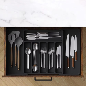 Organisateur de tiroir à couverts LM Silverware, plateau à ustensiles multifonctionnel extensible classique, porte-couverts réglable pour cuisine, noir - Product Image 1