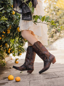 Nouvelles <span class=keywords><strong>bottes</strong></span> de cowboy western pour femmes à bout pointu et à tige haute, brodées, style charro américain, en cuir véritable - Product Image 5