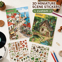 Autocollants personnalisés en 3D pour scènes architecturales miniatures, kit d'autocollants PET DIY pour ville en bord de mer et chalet forestier en aquarelle
