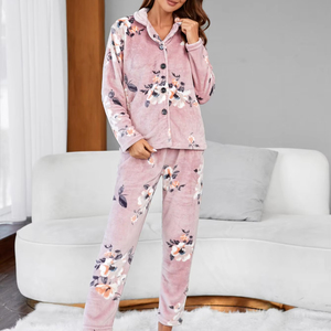 Mùa Đông Flannel Đồ Ngủ Dày Ấm Nút up Ngủ Hoa In Quần Áo Ngủ Dài Tay Áo Quần Set Ấm Pjs Cho Phụ Nữ - Product Image 1