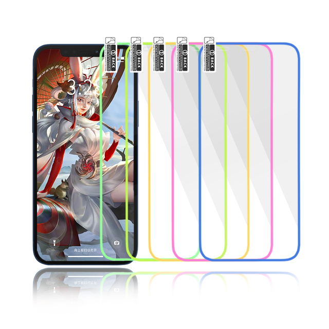 Direct Sale Colorful Rainbow Silicone Edge Luminous Fluorescent Tempered Glass Screen Protector for Iphone 14 Pro Max