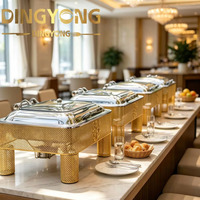 Plat de service rectangulaire de luxe en acier inoxydable doré, chauffe-plat de buffet avec couvercle transparent, chauffage à l'alcool pour hôtel