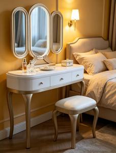 Classic Curved Leg Dressing <b>Table</b> Set, White Wood Makeup Vanity with Triple Fold <b>Mirror</b> & Upholstered Stool for Bedroom Vanity T - Product Image 3