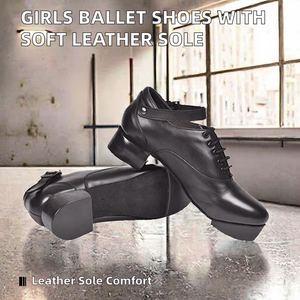 Women <b>Tap</b> <b>Dance</b> <b>Shoes</b> Genuine Leather Upper PU Outsole Flat Heel Black - Product Image 2