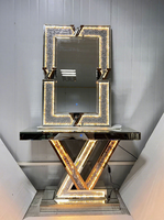 Table console en verre or rose LED avec accents en strass, miroir, style luxe léger pour entrée et salon