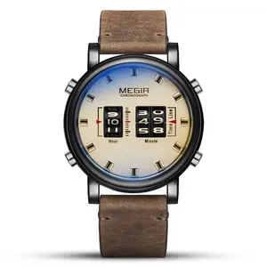 Megir Roller jam tangan untuk pria, arloji 2024 fitur modis baru, jam tangan olahraga bisnis kulit asli Quartz 2137