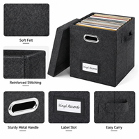 Cajas de Almacenamiento Negras con Tapas, Asas Metálicas y Ranura para Etiquetas, Contenedores Plegables para Discos de Vinilo, Archivos y Organización de Oficina