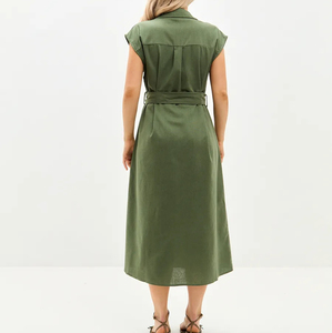 Vendita calda abito da donna in lino verde oliva abito con cintura abito <span class=keywords><strong>Midi</strong></span> con colletto abbottonato per abbigliamento Casual e da ufficio - Product Image 3