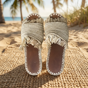 Sandalias Unisex de Rafia Tejida a Rayas, con Decoración Bordada, Punta Abierta, Transpirables, para Todas las Temporadas, de Verano, para Exteriores, de Cuero Genuino - Product Image 3