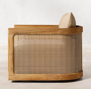 Sedia Lounge di Lusso in Legno di Teak con Schienale in Canna, Sedia Girevole da Esterno in Teak - Product Image 4
