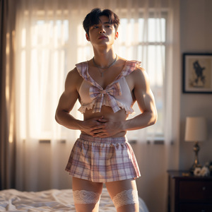 Men's JK uniform style pink plaid mini <b>skirt</b>, male servant cross-dressing role-playing tie-up plus size lingerie - Product Image 4