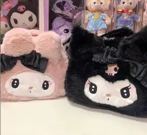 XUX Plush Cosmetic Bags Cute Plush Cartoon Hand-portable Bag Girl Kawaii Black Kuromi Pink Melody Plush Handbag Big Capacity