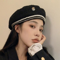Béret noir pour femme, décoré de fausses perles et de strass, style japonais coréen, rétro vintage, chapeau tendance automne hiver