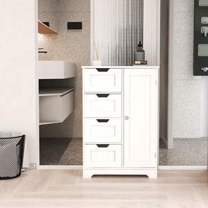 Mueble de Almacenamiento Independiente Blanco con 4 Cajones, 1 Puerta y Estantes Ajustables, Mueble de Baño de Diseño Moderno en Madera - Product Image 3