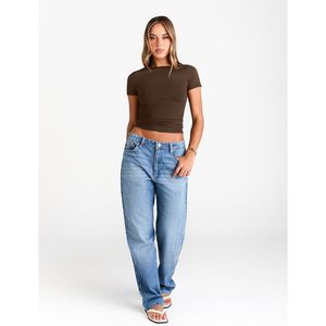 Haut court moulant à col bateau et manches courtes pour femme, en tricot de compression élastique en Spandex et Polyester, idéal pour l'été et le quotidien - Product Image 5