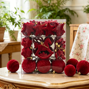 Velvet Flocked Christmas Baubles Rocking Horse Star Bow Pattern Hanging Ornaments For Xmas <b>Tree</b> Holiday Decor - Product Image 3