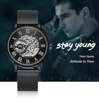 Montre mécanique avec cadran squelette complet, chiffres romains, mouvement automatique, bracelet en maille milanaise, boîtier doré