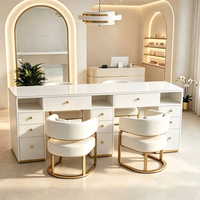 Table de manucure double poste avec aspirateur intégré, bureau à ongles LED avec 2 chaises, plateau en marbre blanc, table de manucure de luxe pour salon