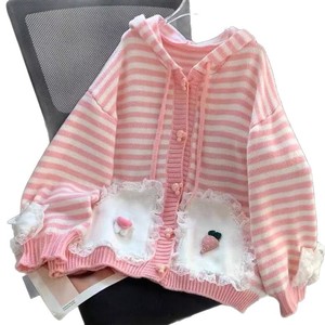 Loose Hooded Striped Cardigan Sweater For Women Pink <b>White</b> <b>Lace</b> Candy Color Autumn Winter Knitwear - Product Image 2