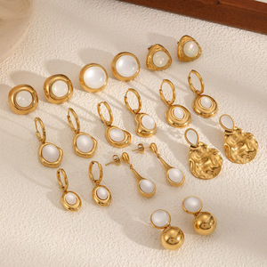 Geometric <b>Cat</b> Eye Stainless Steel Drop Earrings 18K Gold Bezel Setting Everyday Wear - Product Image 2