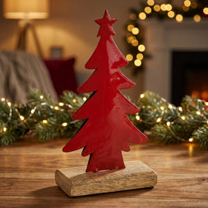 Red Metal Wood Christmas <b>Tree</b> <b>Ornament</b> Tabletop Holiday Decoration with Wooden Base - Product Image 5
