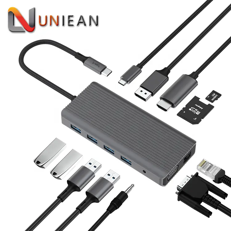 Stasiun Dok Tipe C USB 3.0 12-in-1 dengan fungsi Transfer Data dan pengisian daya HUB Port USB RJ45 DisplayPort