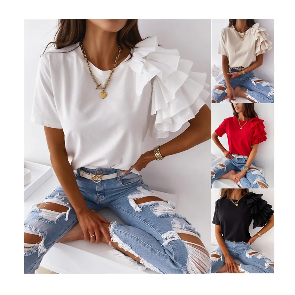 Moda Ruffles Manga Tops Crew Neck Shirt Mulheres Plain Top Shirt Mulheres New Design Cor Sólida T Shirt 4 cores Lady Out Top