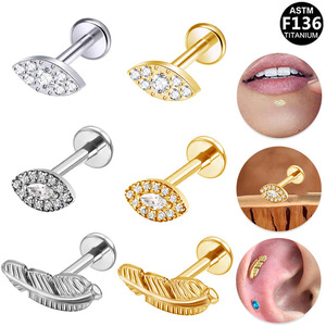 <b>Titanium</b> Lip <b>Studs</b> G23 Feather Ear Cartilage <b>Studs</b> For Daily Wear With Crystal Inlay Prong Setting Stainless Steel Jewelry - Product Image 1