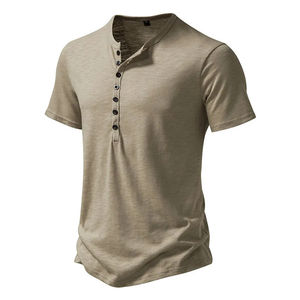 Vente en gros Chemise Henry d'été décontractée kaki à manches courtes de couleur unie pour hommes T-shirt respirant de sport coupe ajustée - Product Image 5