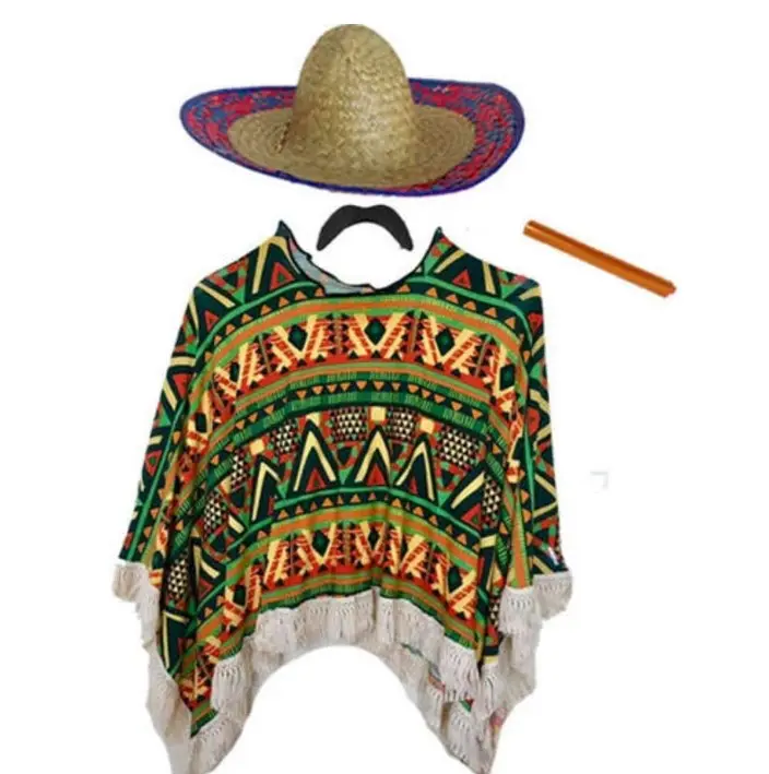 Adults Mens Womens Mexican Fancy Dress Costume (Poncho, Moustache, Cigar & Sombrero) (One Size Adults)