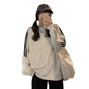 Striped Long Sleeve Pullover Sweatshirt Women Light Gray Navy Blue Breathable Knitted Spring Autumn Korean Style Boyfriend Fit - Product Image 5