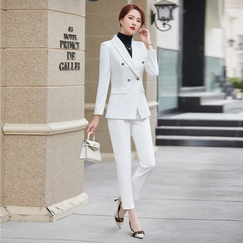 High-quality Soft 2 Piece Suit Set Striped Formal Pant Suit Blazer Office Lady Women Business Dress