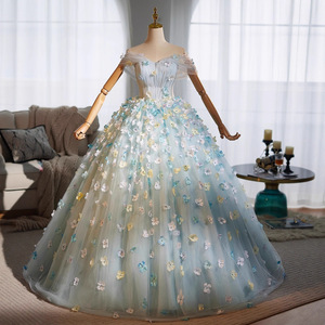 Blue Floral Strapless Ball Gown Chiffon Empire Waistline Evening Dress For Women - Product Image 1