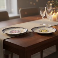 Service de vaisselle moderne nordique en grès, écologique et alimentaire, motif végétal, assiettes à dîner à bord bleu, logo personnalisable