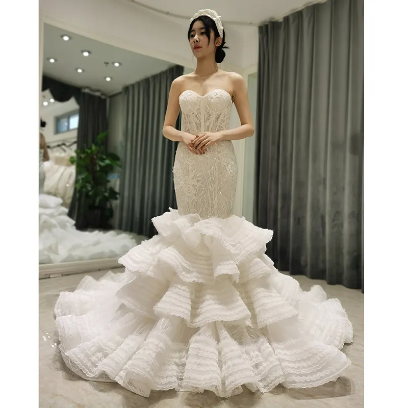 AmL 8354 wedding dress online celebrity open shoulders civil women Backless lace Floral mermaid Shiny corset Long party luxury