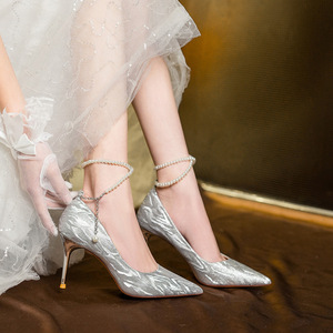 Escarpins de mariée à bout pointu, talon aiguille, imprimés animaliers, perles, bride cheville, doublure satinée, chaussures de mariage à talons hauts - Product Image 4