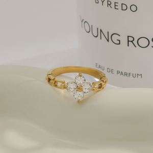 J&amp;D Modern Luxury 18K Gold Stainless Steel Lucky Leaf Clover Zircon <strong>Watch</strong> <strong>Rings</strong> for Women - Product Image 4